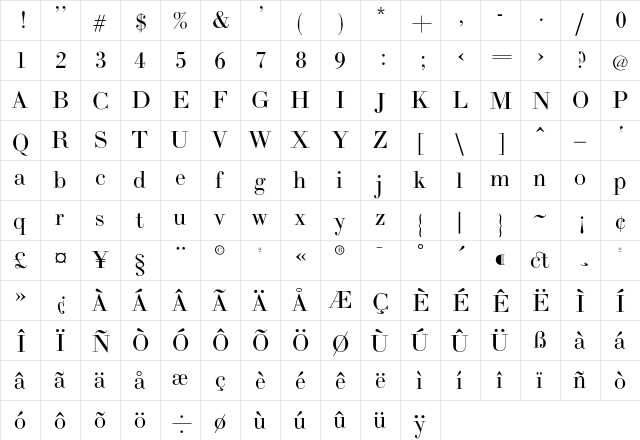 BodoniL Regular  glyph index