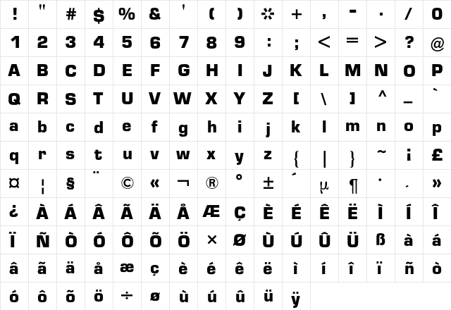Eurostile BQ Regular  glyph index