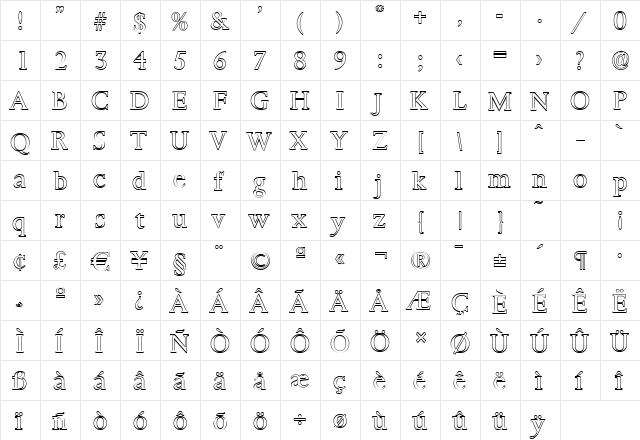TobyBeckerOutline-Light Regular  glyph index