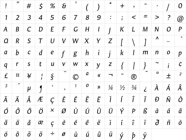 Hildegard LT Std Italic  glyph index