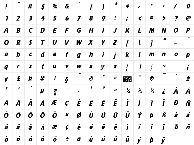 ErgoeExtraboldCond Italic  glyph index