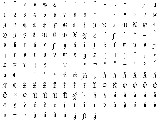 Prince Valiant Regular  glyph index