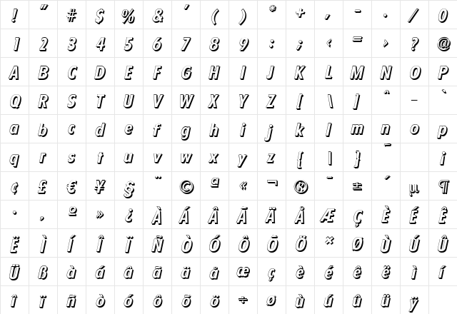 FloridaShadow BoldItalic  glyph index