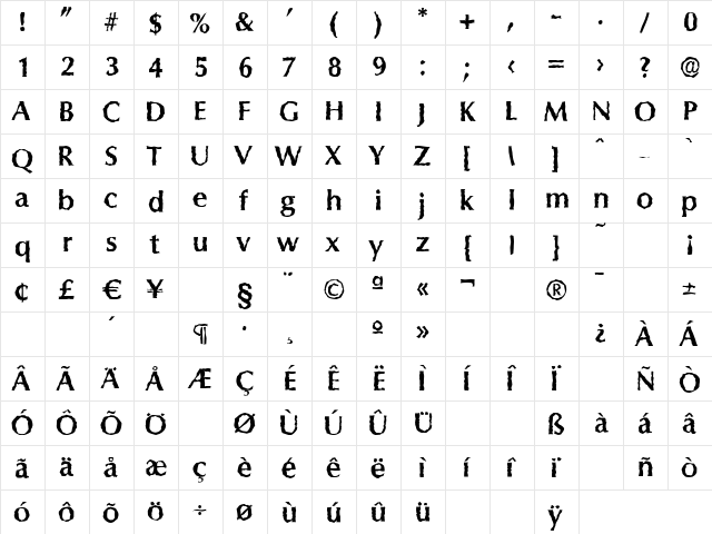 ColumbiaRandom Bold  glyph index