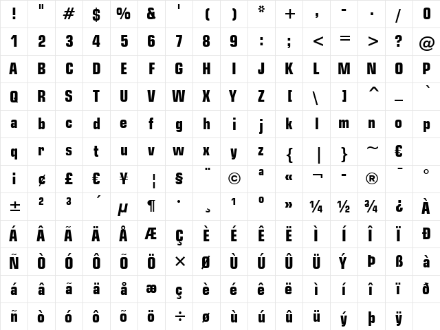 Square721 Cn BT Bold  glyph index