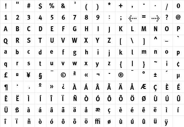 MetroMeta Bold  glyph index