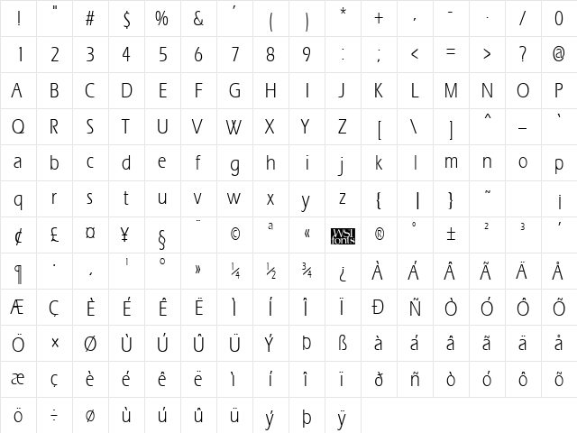 ErgoeCondensed Regular  glyph index