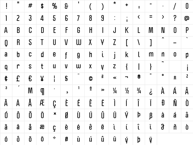 Politica Bold  glyph index