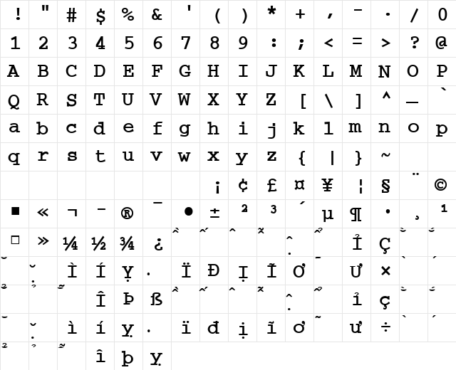 VNI-Couri Bold  glyph index