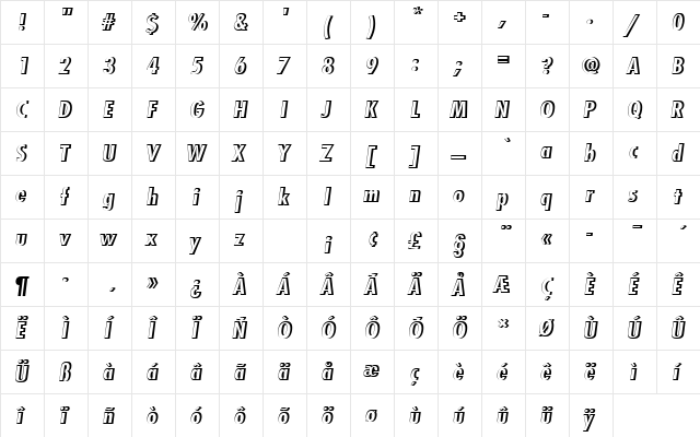 FuturaTBolConOblRe1 Regular  glyph index