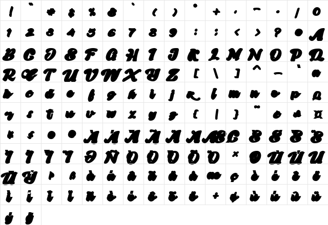 Skatter Base Regular  glyph index