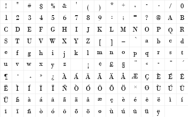 BodoniAntTRegIn1 Regular  glyph index