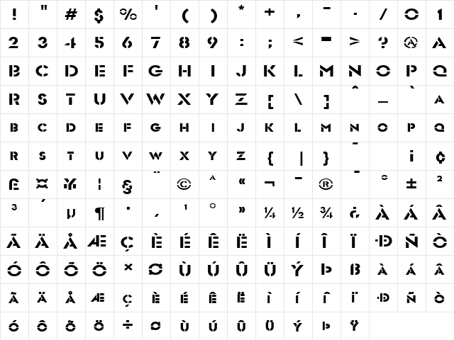 Templett Wide Normal  glyph index