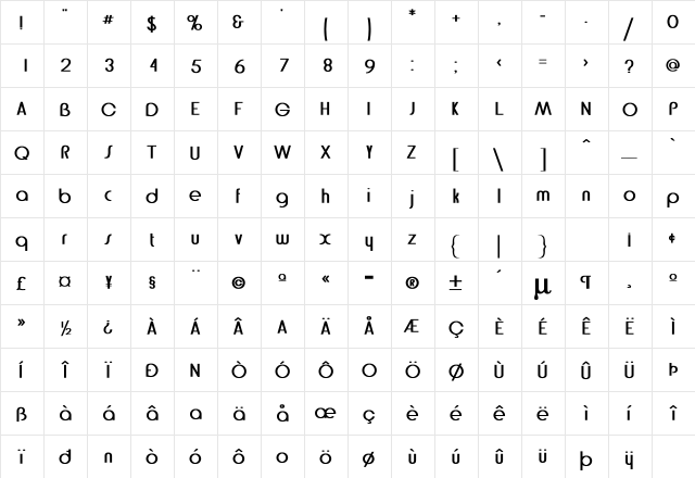 Bethel Bold  glyph index