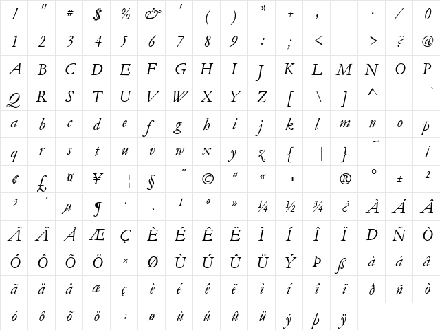 Garamond Becker No5 Italic  glyph index