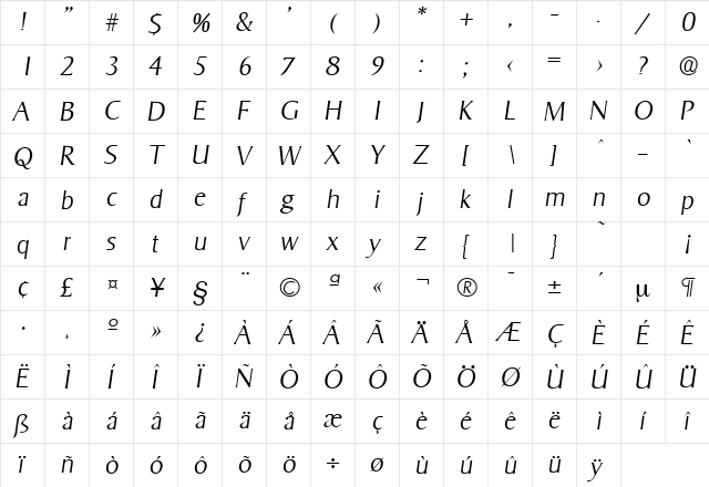 Sigvar-Serial-ExtraLight RegularItalic  glyph index