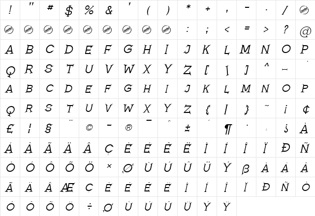 Romanicum Italic  glyph index