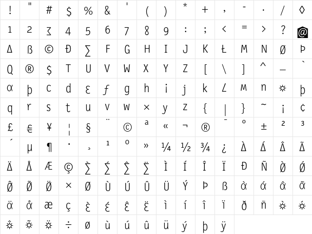 LetterGothicSlangT Light  glyph index