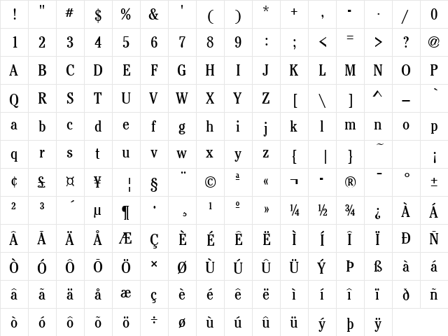 CheltenhamCond Regular  glyph index