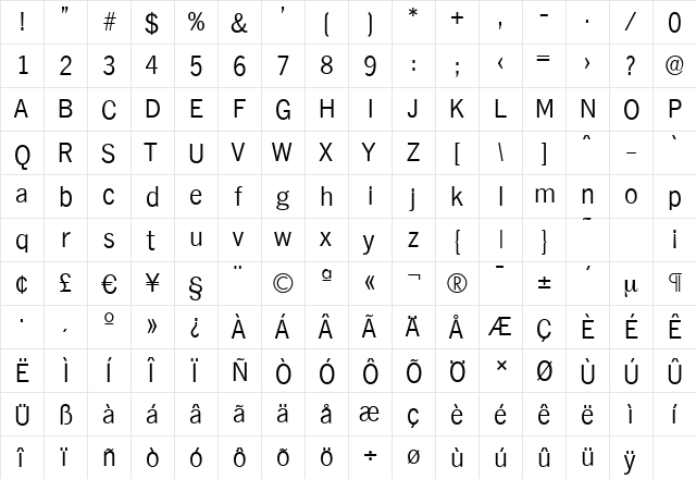 HamburgSerial-Light Regular  glyph index