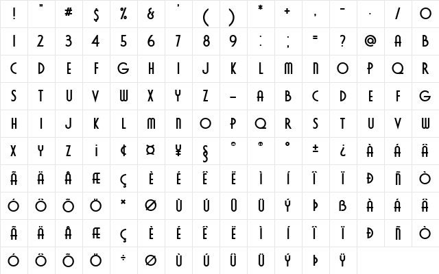 Cavalier Bold  glyph index