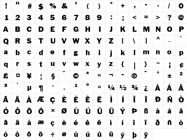 FranklinGothic LT No.2 Regular  glyph index