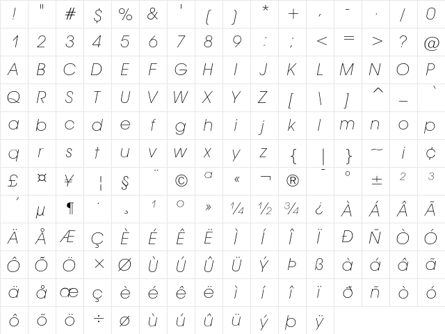 ITC Avant Garde Gothic Extra Light Oblique  glyph index