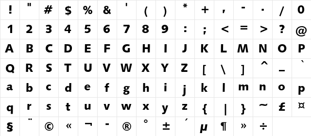 Humanist531CBT Black Regular  glyph index