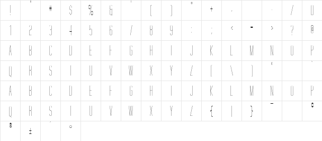 Tall Script Regular  glyph index