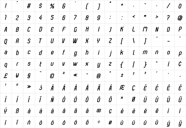 Bokeseni Bold Italic  glyph index