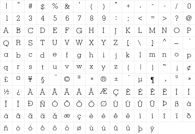 Louisville-Light Regular  glyph index