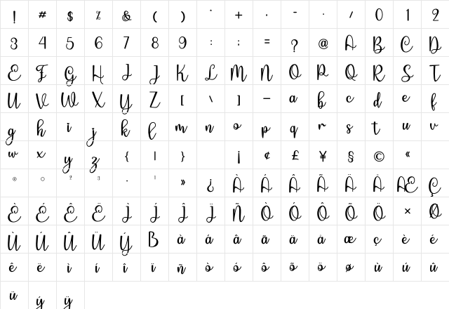 Enlova Regular  glyph index