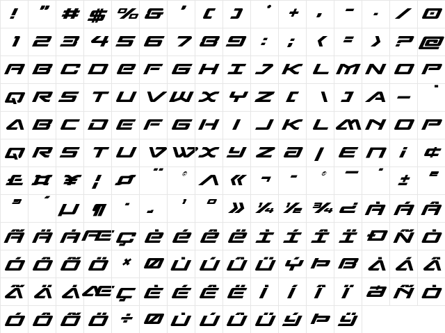 Sabre Shark Regular  glyph index