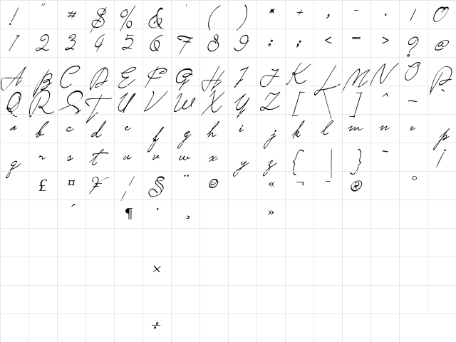 Saturday Night Italic  glyph index