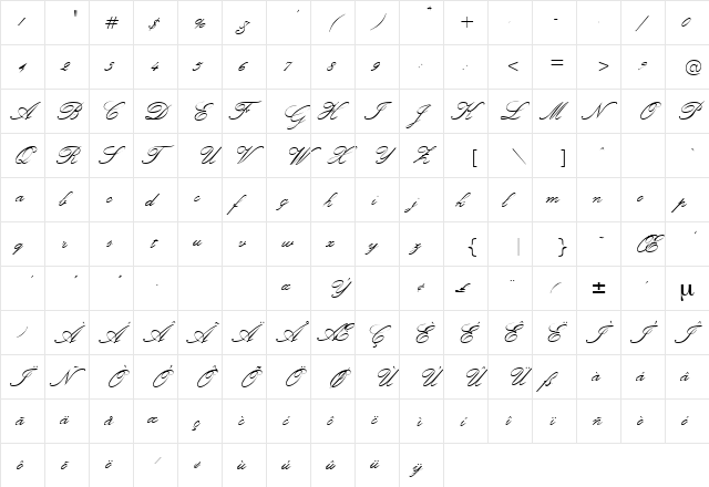 HelenaScript Regular  glyph index
