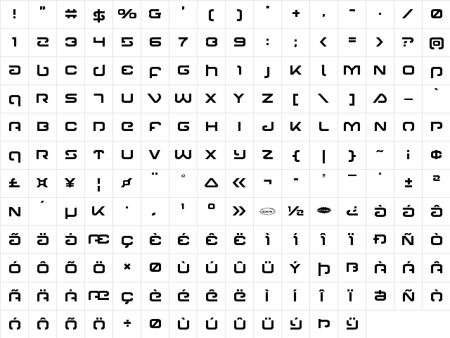 Gunrunner Regular  glyph index