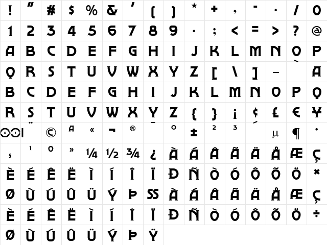 Brownwood NF Regular  glyph index