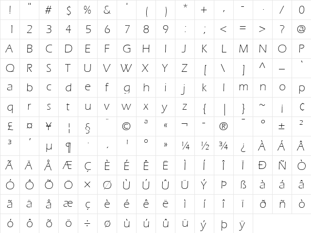 Eras LT Light Regular  glyph index