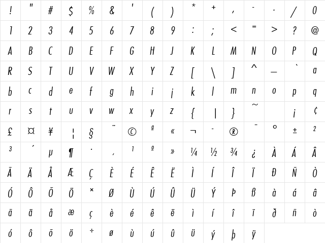 FuturaTLigCon Italic  glyph index