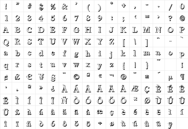 LeamingtonShadow Regular  glyph index