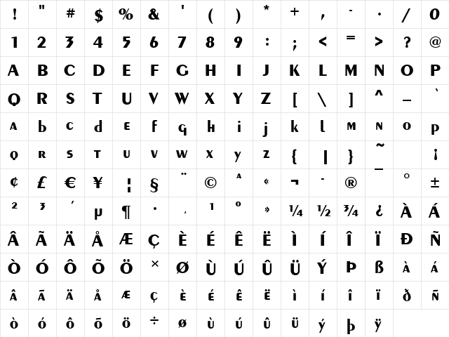 Peoria Bold  glyph index