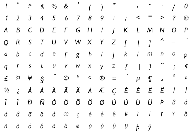 GarrisonSans-RegItalic Regular  glyph index