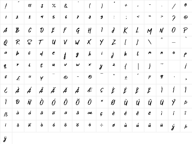 Brown Choco Regular  glyph index