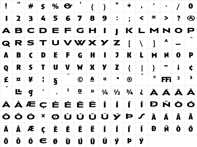 Anisette Bold  glyph index