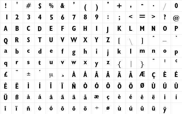 Billboard Regular  glyph index