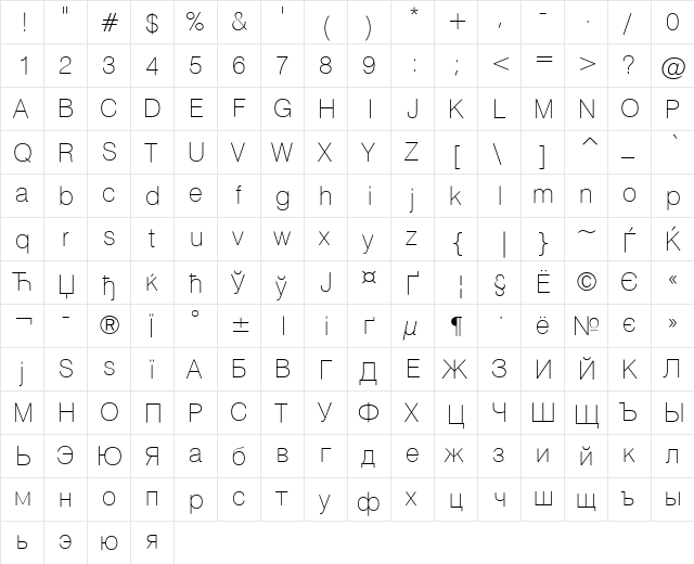 HeliosThin Regular  glyph index