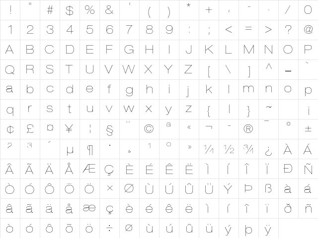 Helvetica Neue LT Pro 23 Ultra Light Extended  glyph index
