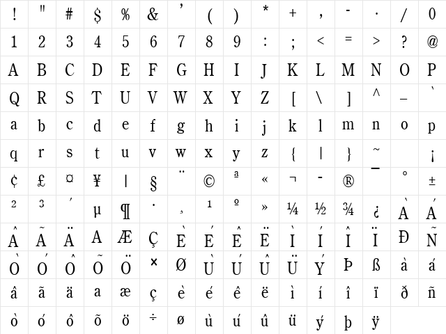 Cento Condensed Normal  glyph index