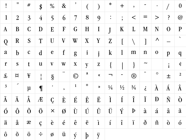 ITC Garamond Std Book Narrow  glyph index