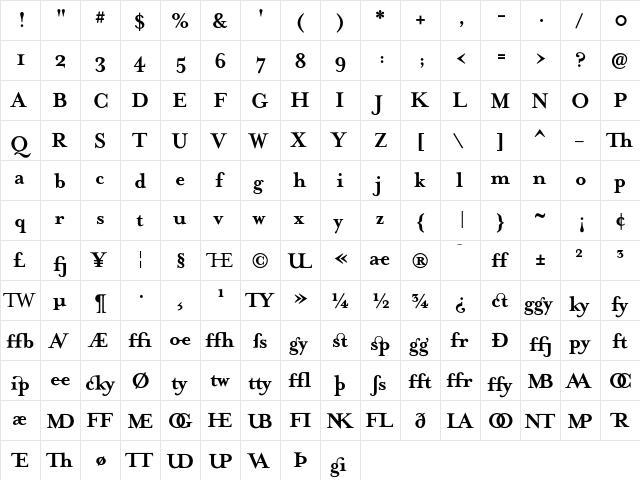 MrsEavesSmartLig Bold  glyph index